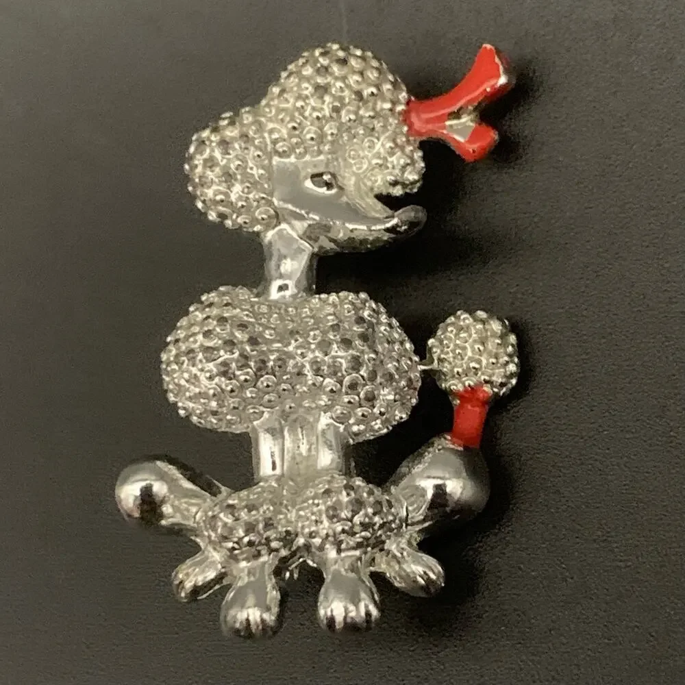 Vintage Poodle with Red Bow Brooch